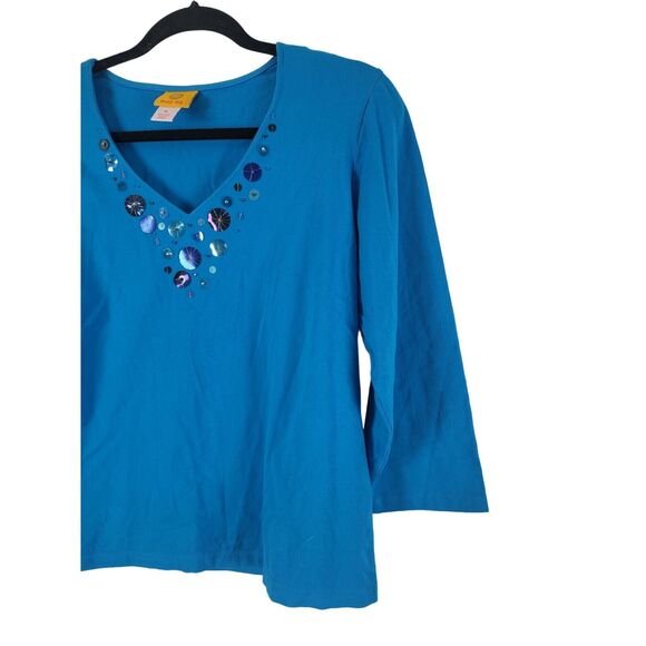 Ruby Rd Long Sleeve Top M Womens Blue V Neck Pullover Accents Cotton Blend - Picture 2 of 10